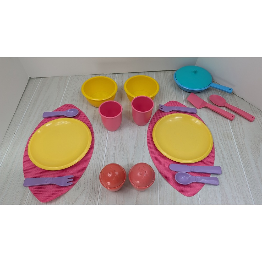 LIttle Tikes Play Kitchen Dishes placemats vintage pink yellow purple Utensils